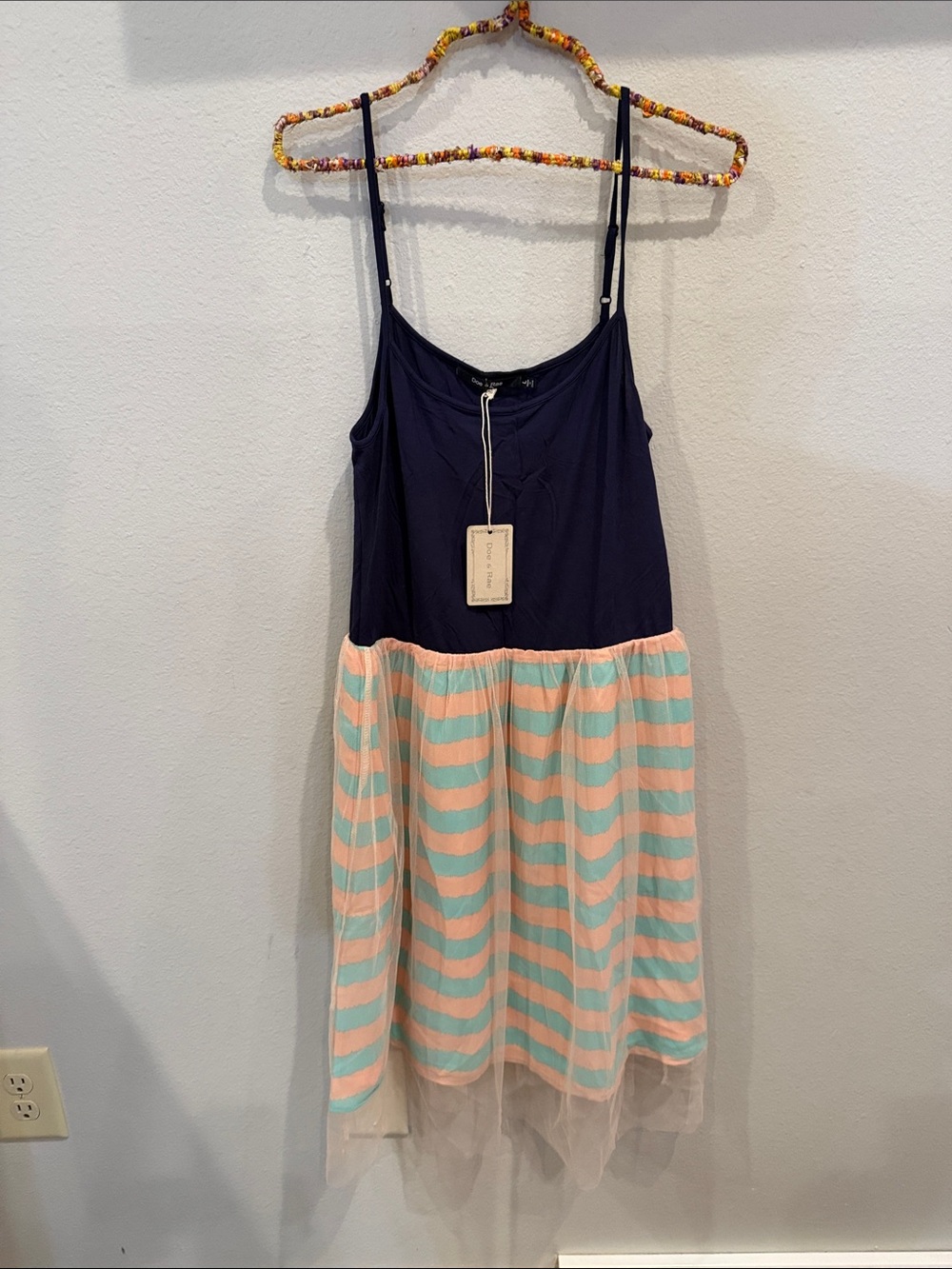 Doe & Rae Navy and Mint Casual Spaghetti Strap Dress